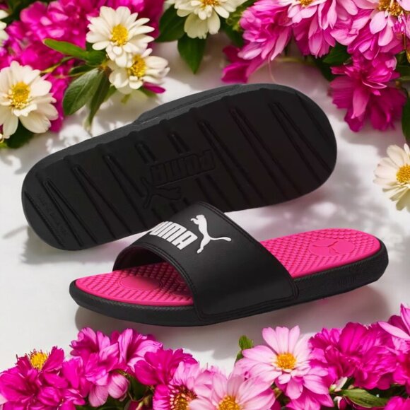 PUMA Cool Cat JR Sport Slides Black/Knock Out Pink - Picture 1 of 9